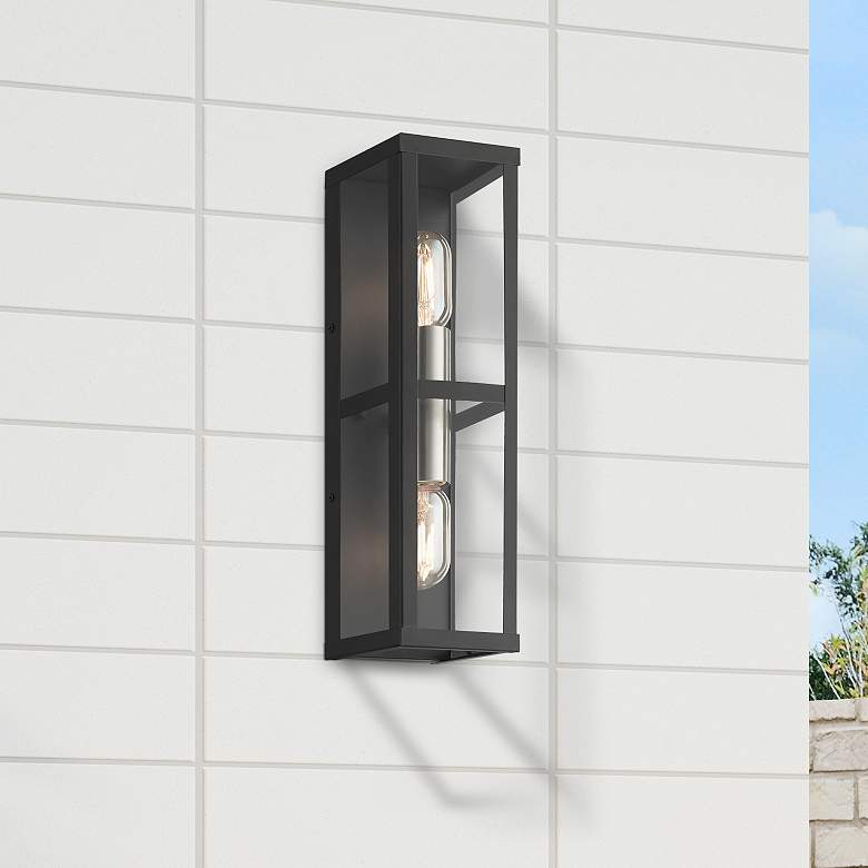 Image 1 1 Light Black Outdoor ADA Wall Lantern with Brushed Nickel Finish Accents
