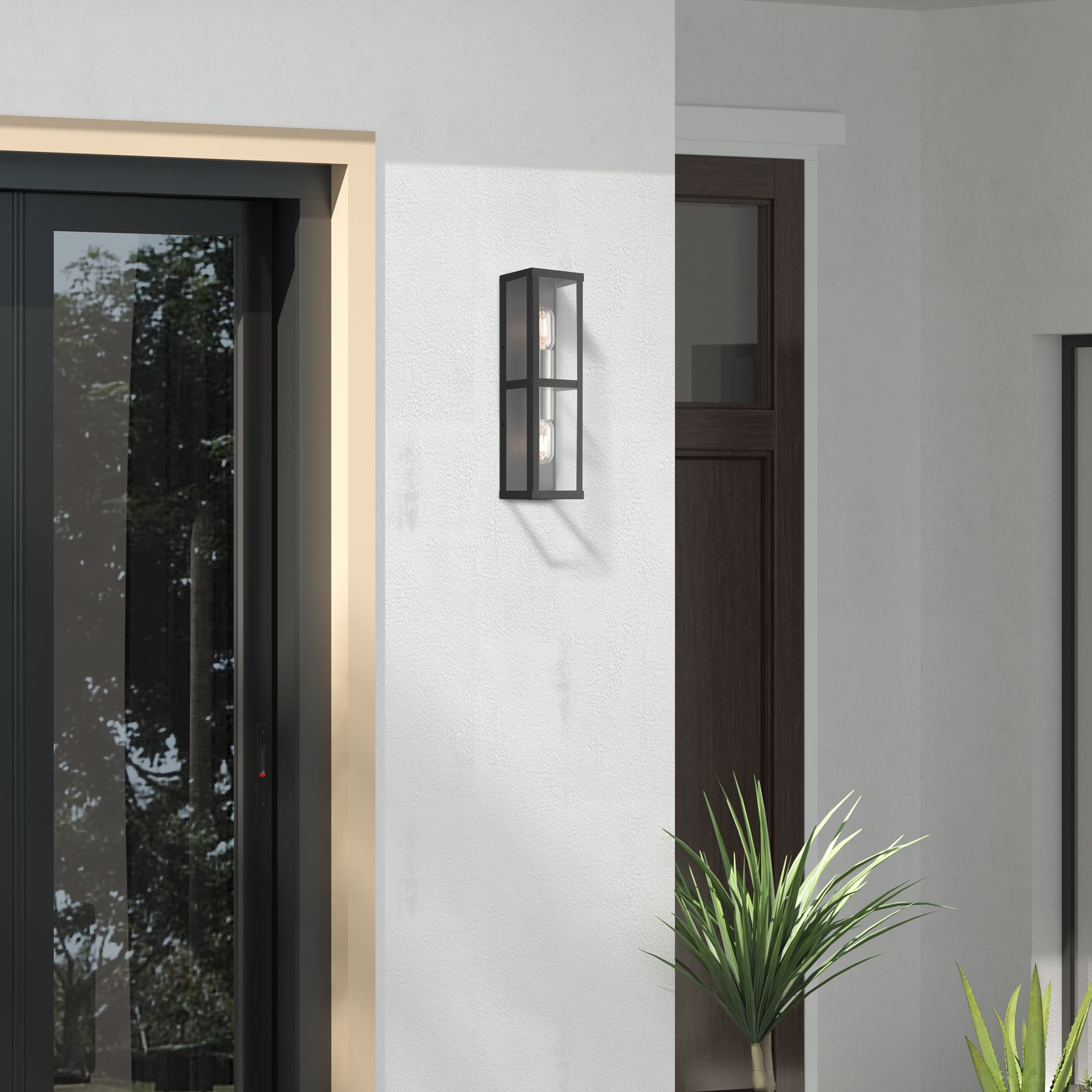 1 Light Black Outdoor ADA Wall Lantern with Brushed Nickel Finish Accents