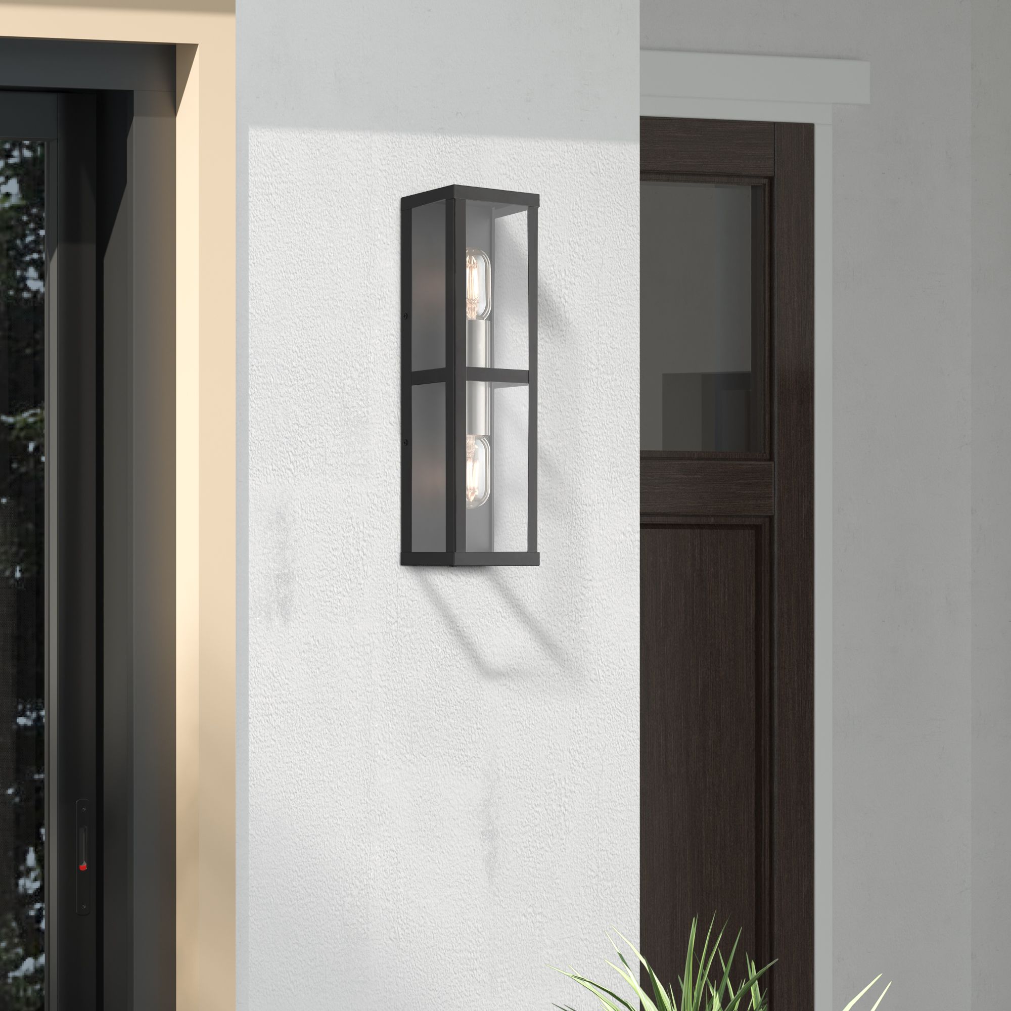 1 Light Black Outdoor ADA Wall Lantern with Brushed Nickel Finish Accents