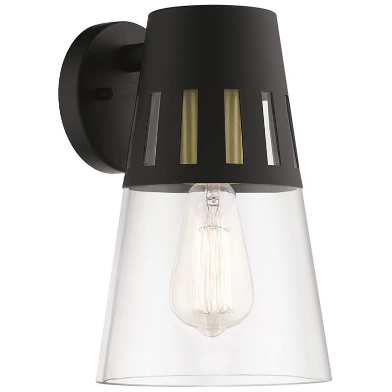 Image 1 1 Light Black Outdoor Medium Wall Lantern with Soft Gold Finish Accents