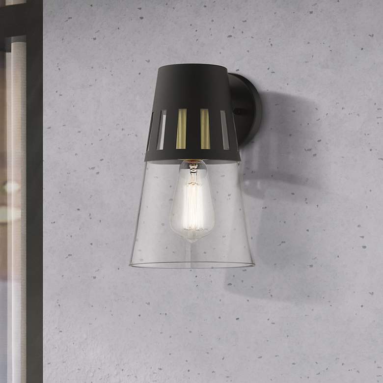 Image 1 1 Light Black Outdoor Medium Wall Lantern with Soft Gold Finish Accents