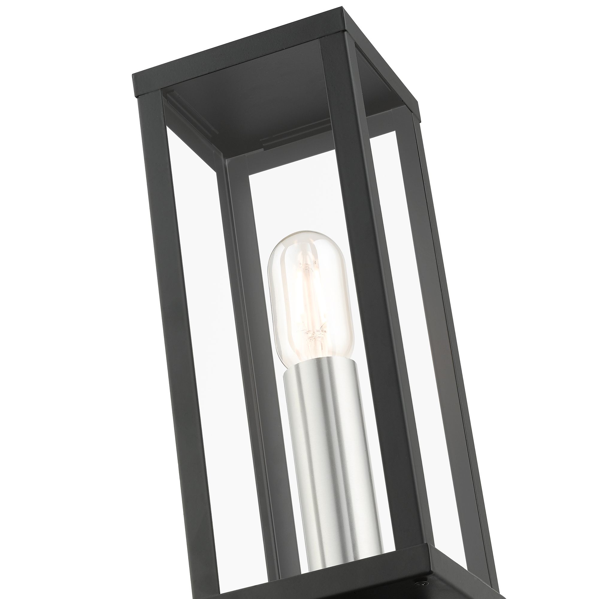 1 Light Black Outdoor Post Top Lantern with Brushed Nickel Finish Accents