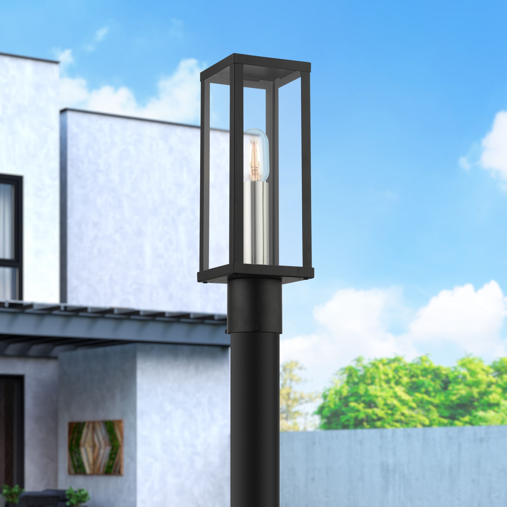 1 Light Black Outdoor Post Top Lantern with Brushed Nickel Finish Accents