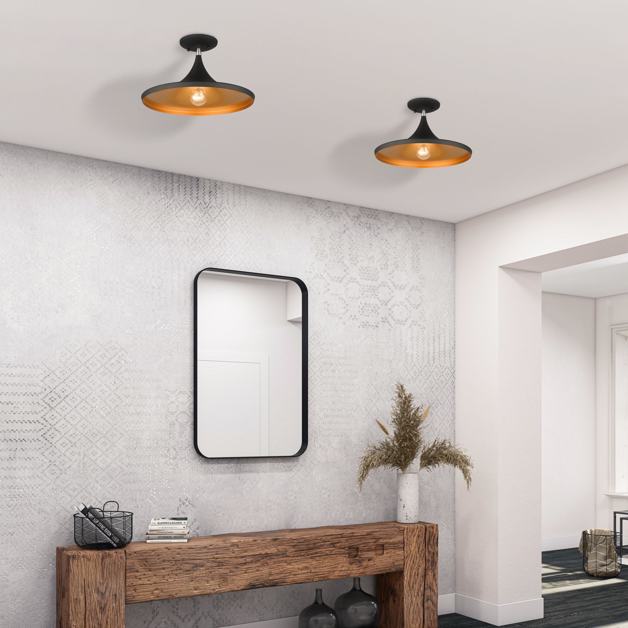 1 Light Black Semi-Flush with Brushed Nickel Finish Accents