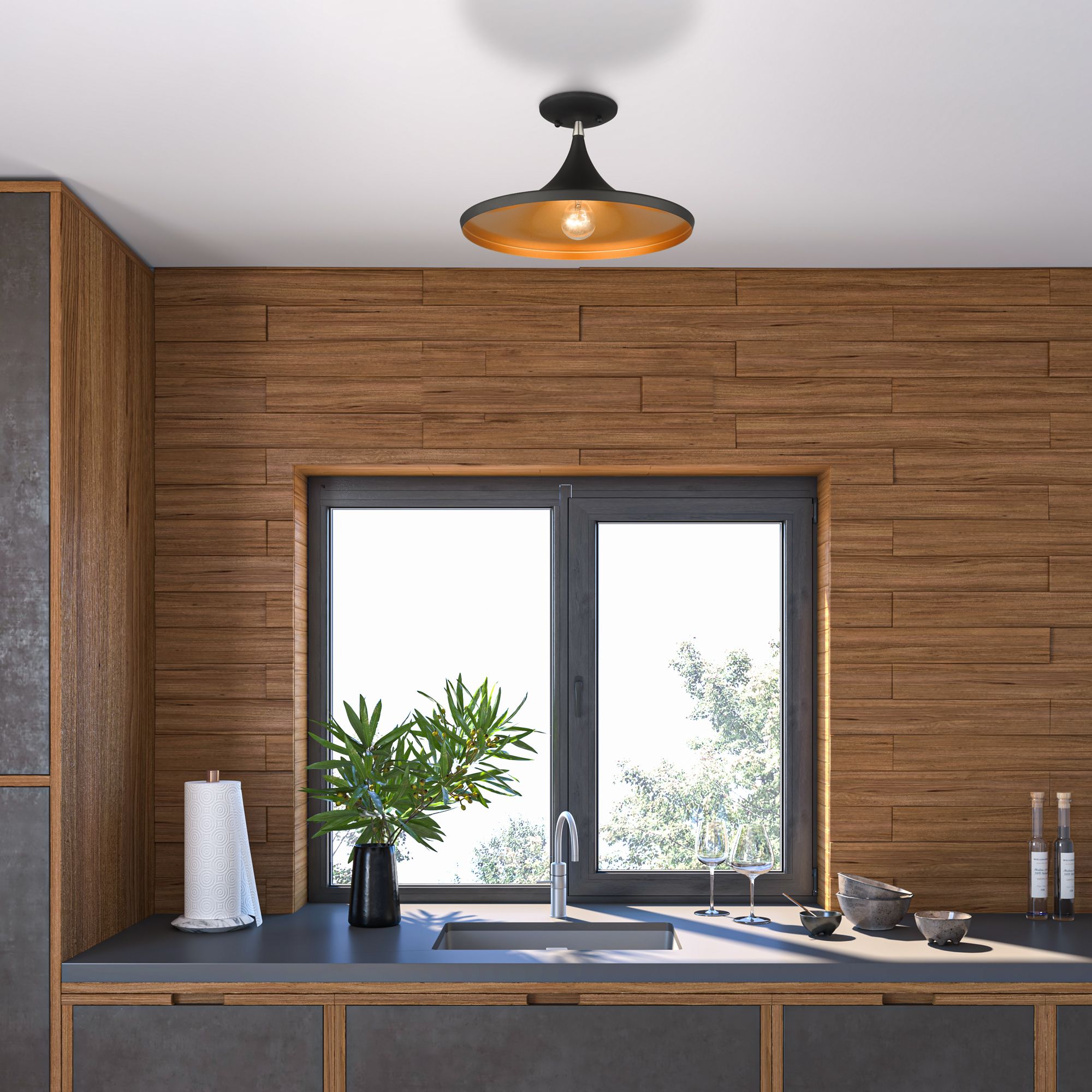 1 Light Black Semi-Flush with Brushed Nickel Finish Accents