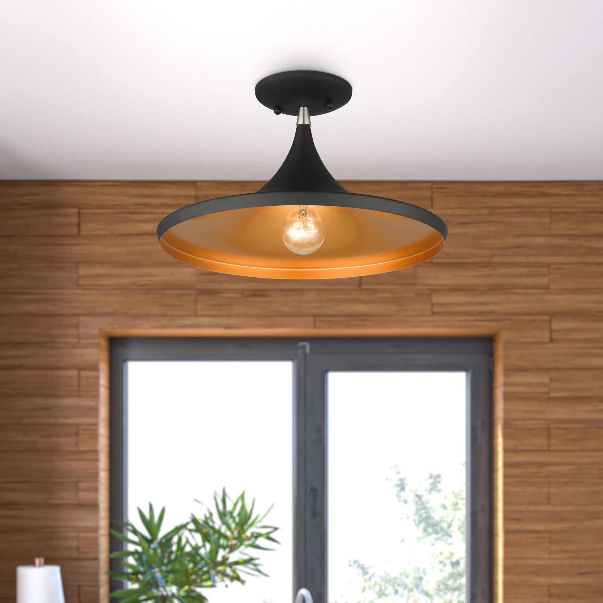 1 Light Black Semi-Flush with Brushed Nickel Finish Accents