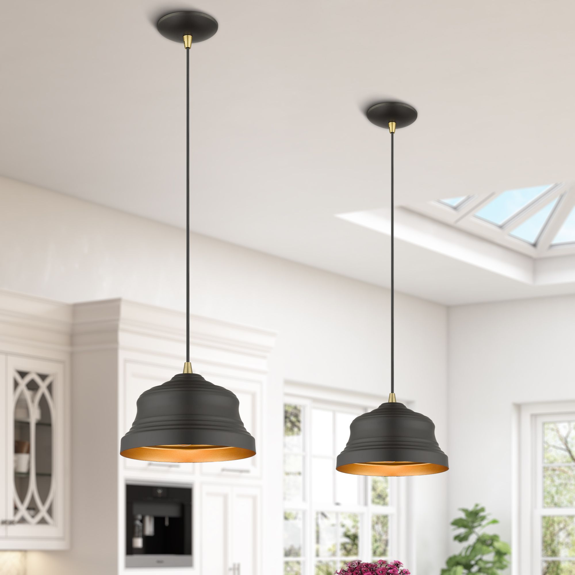 1 Light Bronze Bell Pendant with Gold Finish Inside