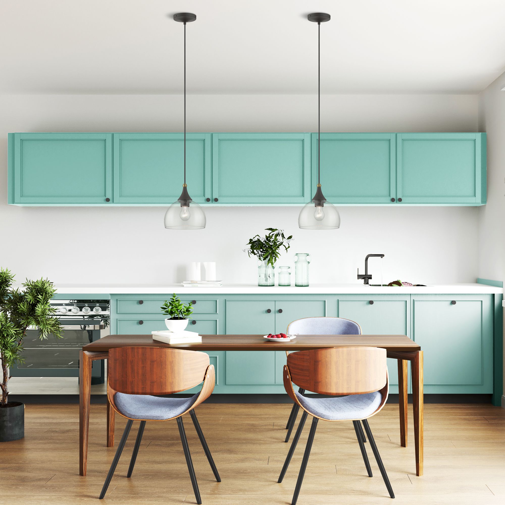 1 Light Bronze Glass Pendant with Antique Brass Finish Accents