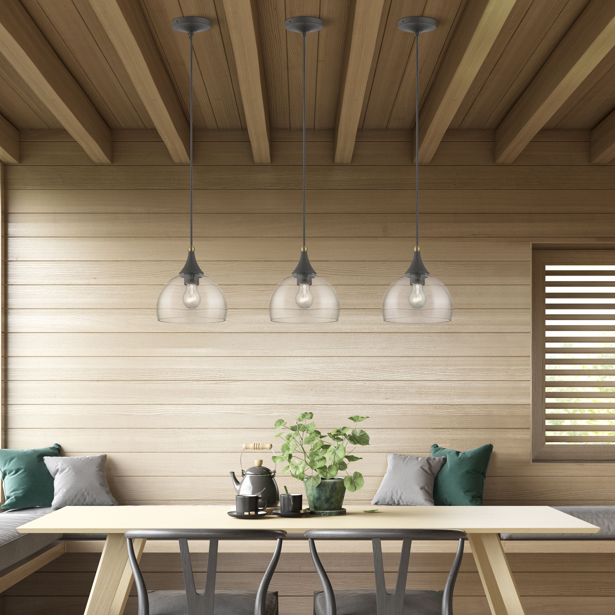 1 Light Bronze Glass Pendant with Antique Brass Finish Accents