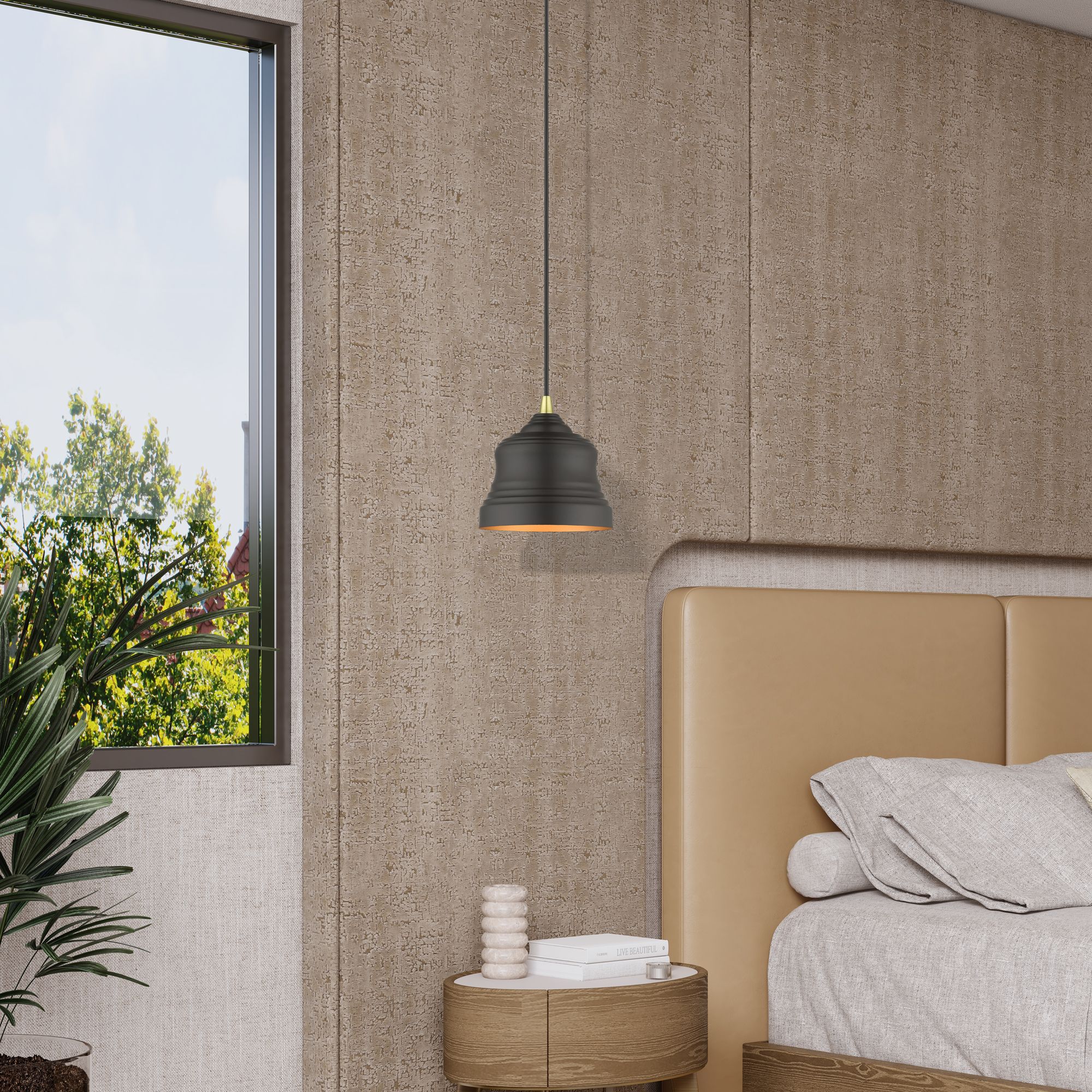 1 Light Bronze Mini Bell Pendant with Gold Finish Inside