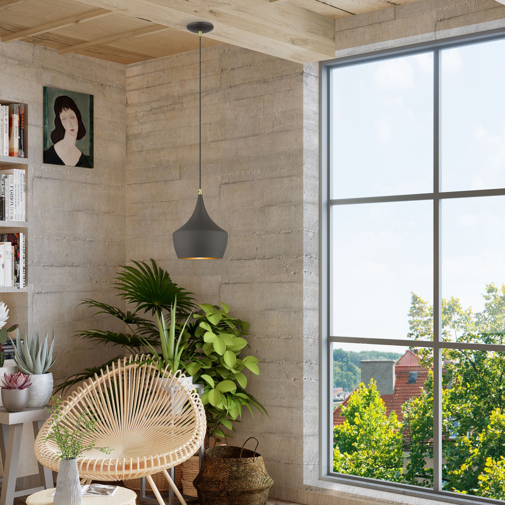 1 Light Bronze Pendant with Antique Brass Finish Accents