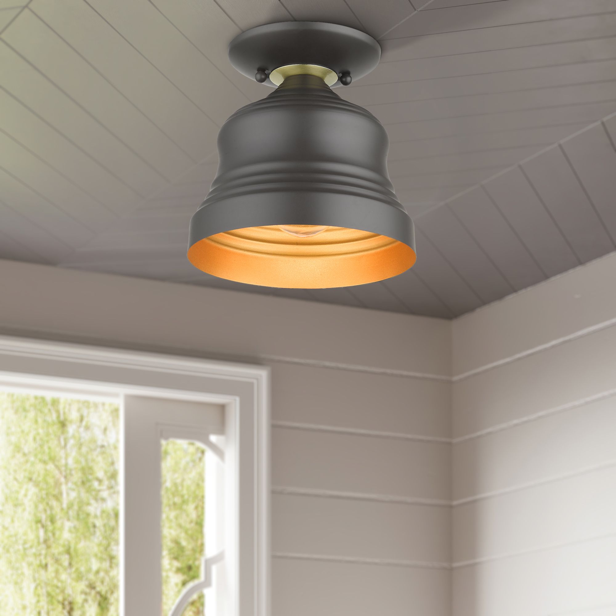 1 Light Bronze Petite Bell Semi-Flush with Gold Finish Inside