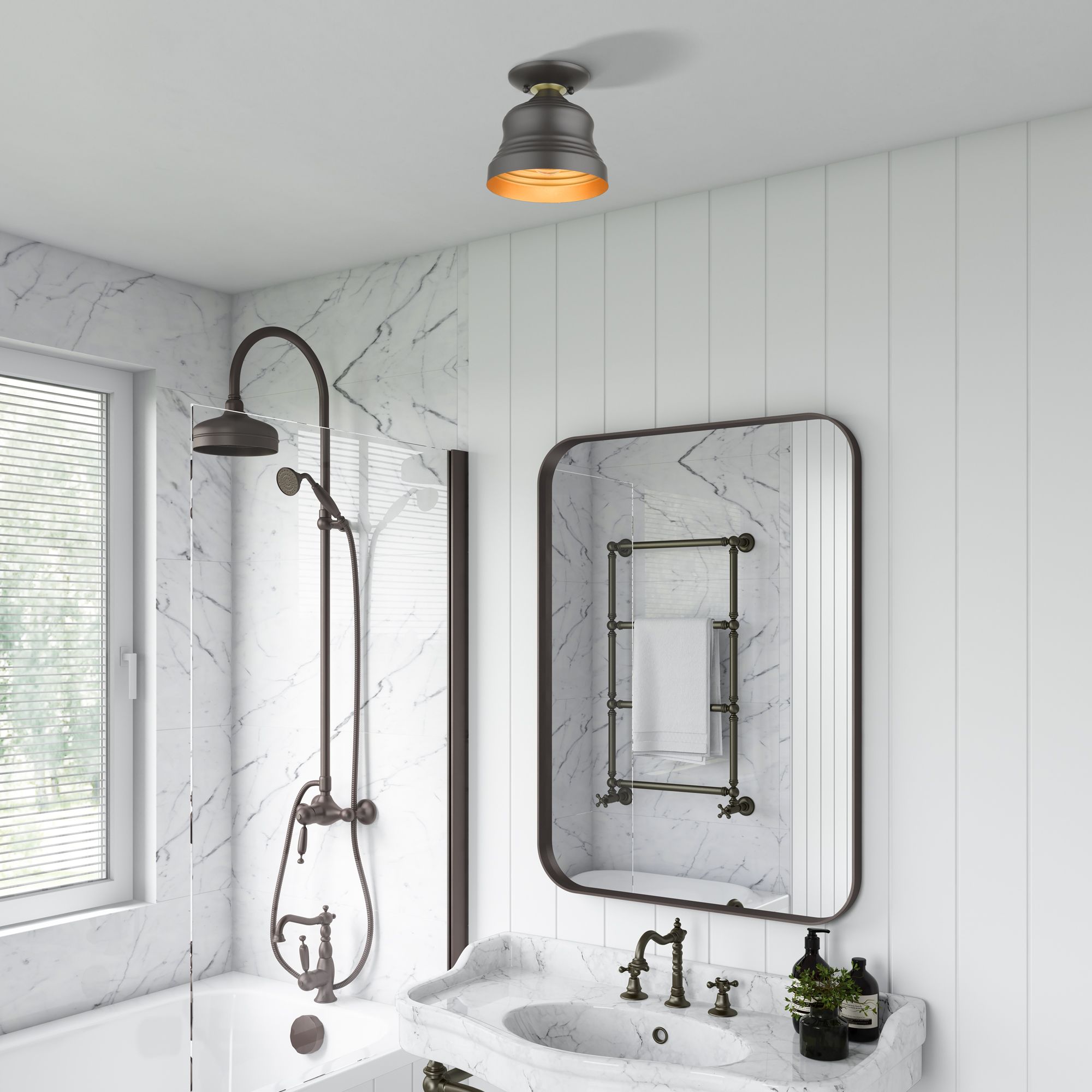 1 Light Bronze Petite Bell Semi-Flush with Gold Finish Inside