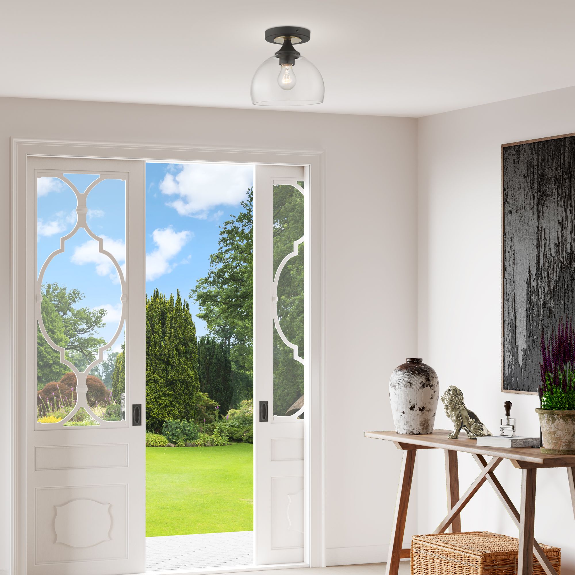 1 Light Bronze Semi-Flush with Antique Brass Accents