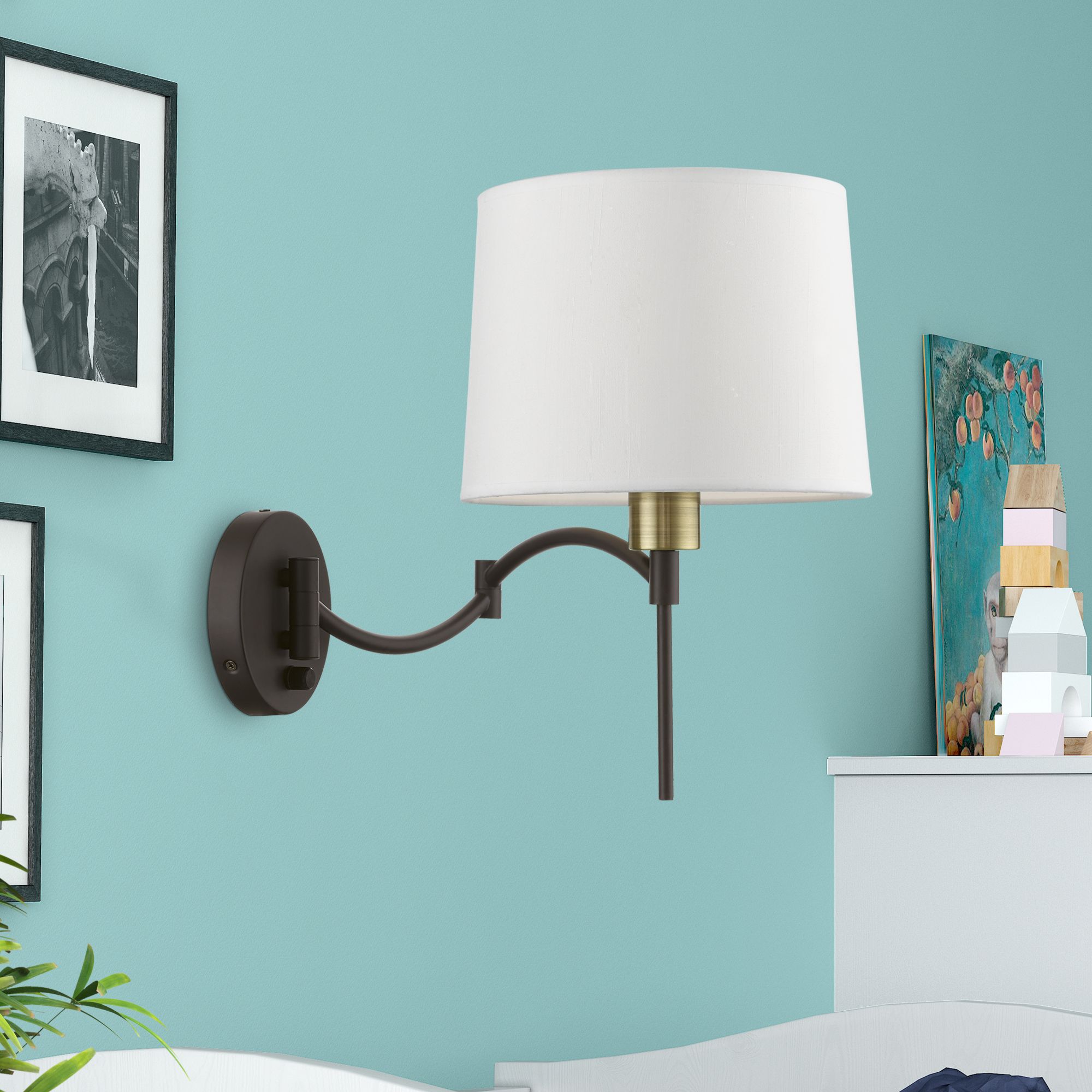 1 Light Bronze with Antique Brass Accent Swing Arm Wall Lamp
