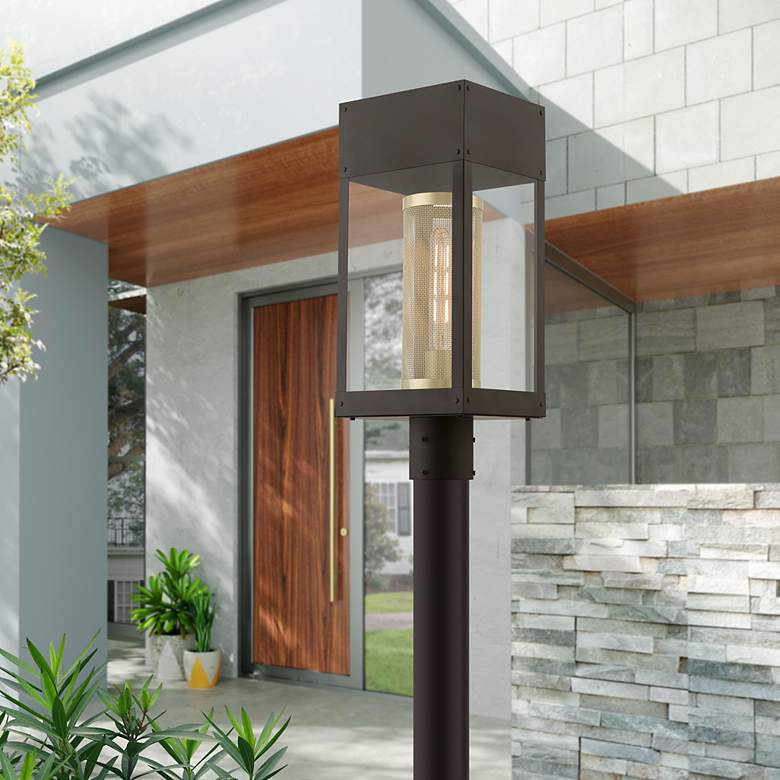 Image 1 1 Light Bronze with Soft Gold Candle Outdoor Post Top Lantern