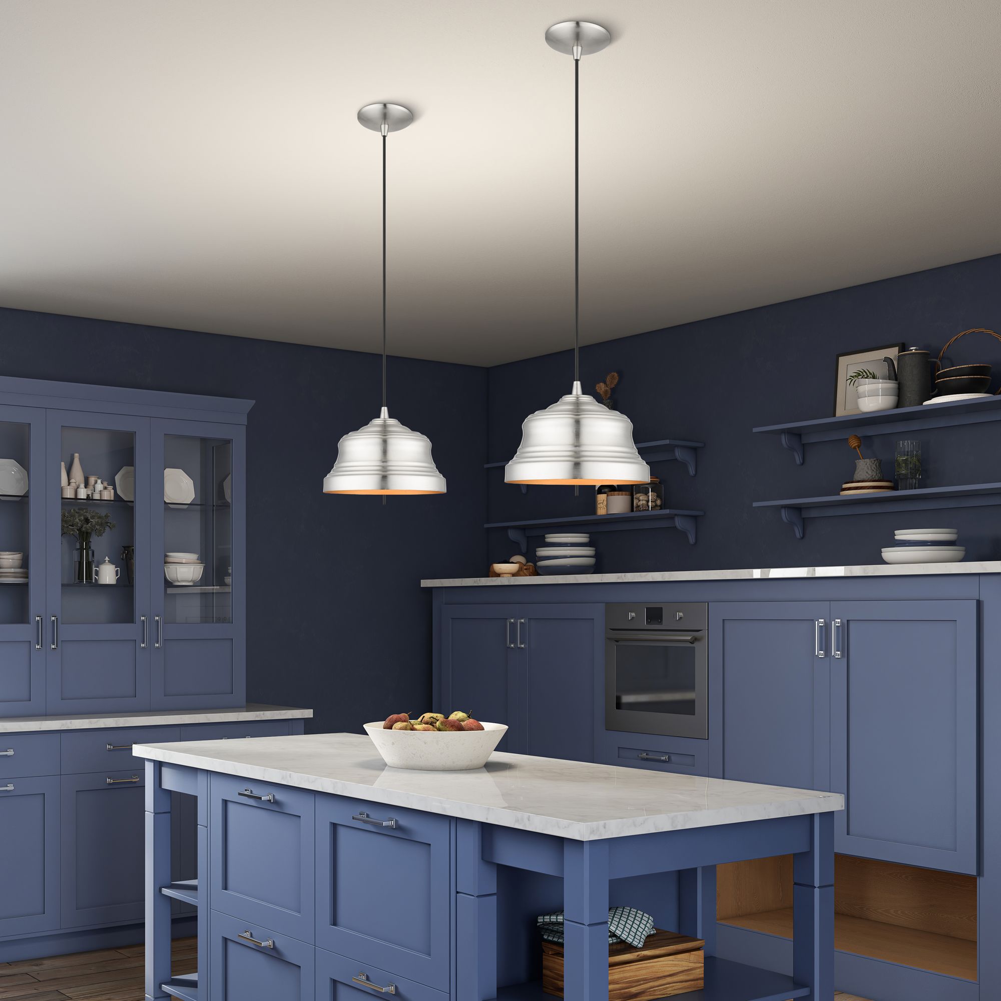 1 Light Brushed Nickel Bell Pendant with Gold Finish Inside