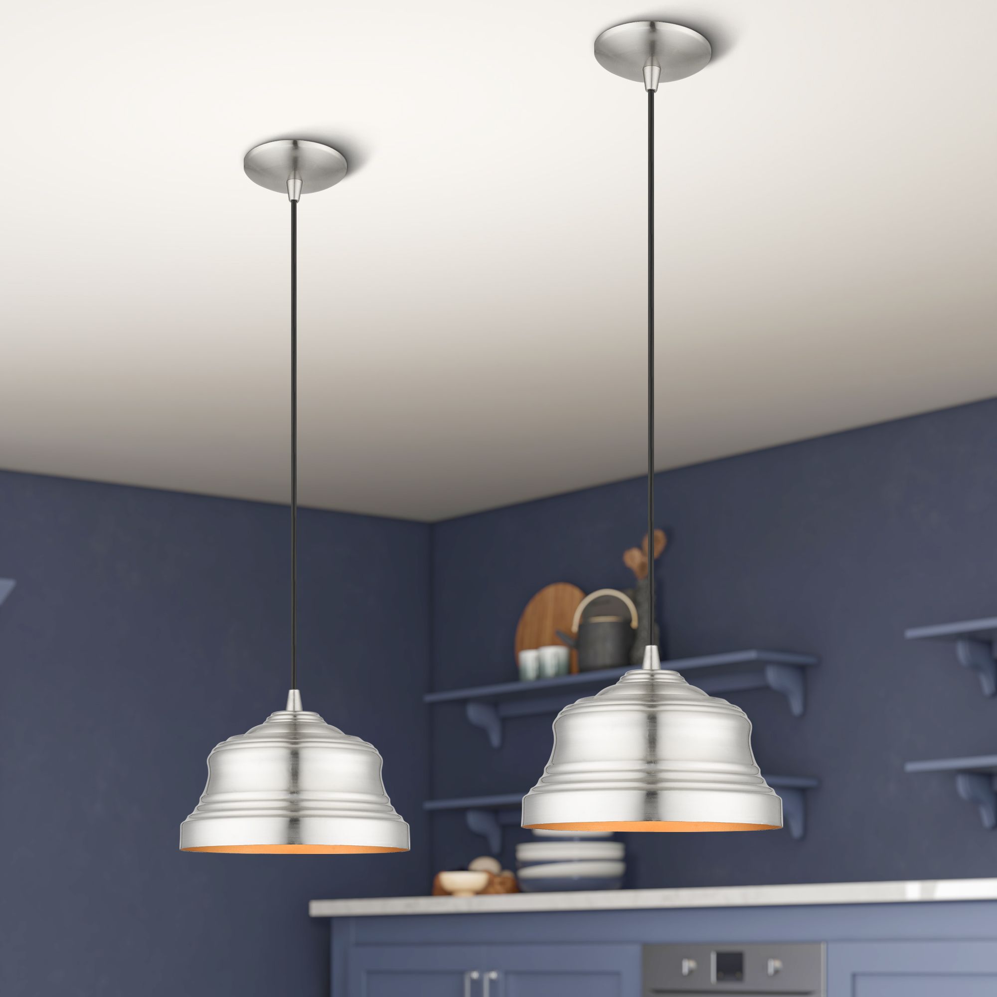 1 Light Brushed Nickel Bell Pendant with Gold Finish Inside