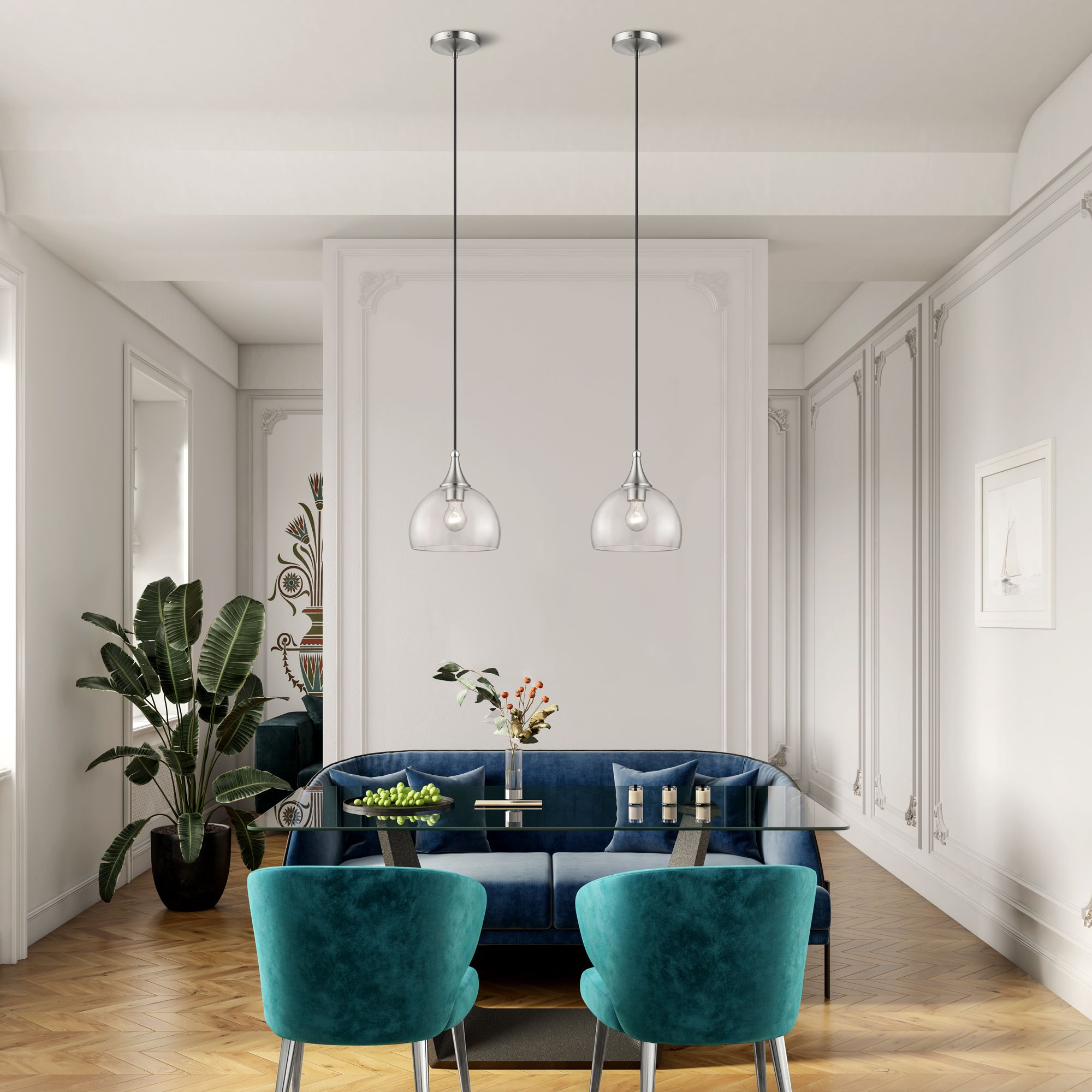 1 Light Brushed Nickel Glass Pendant with Polished Chrome Finish Accents