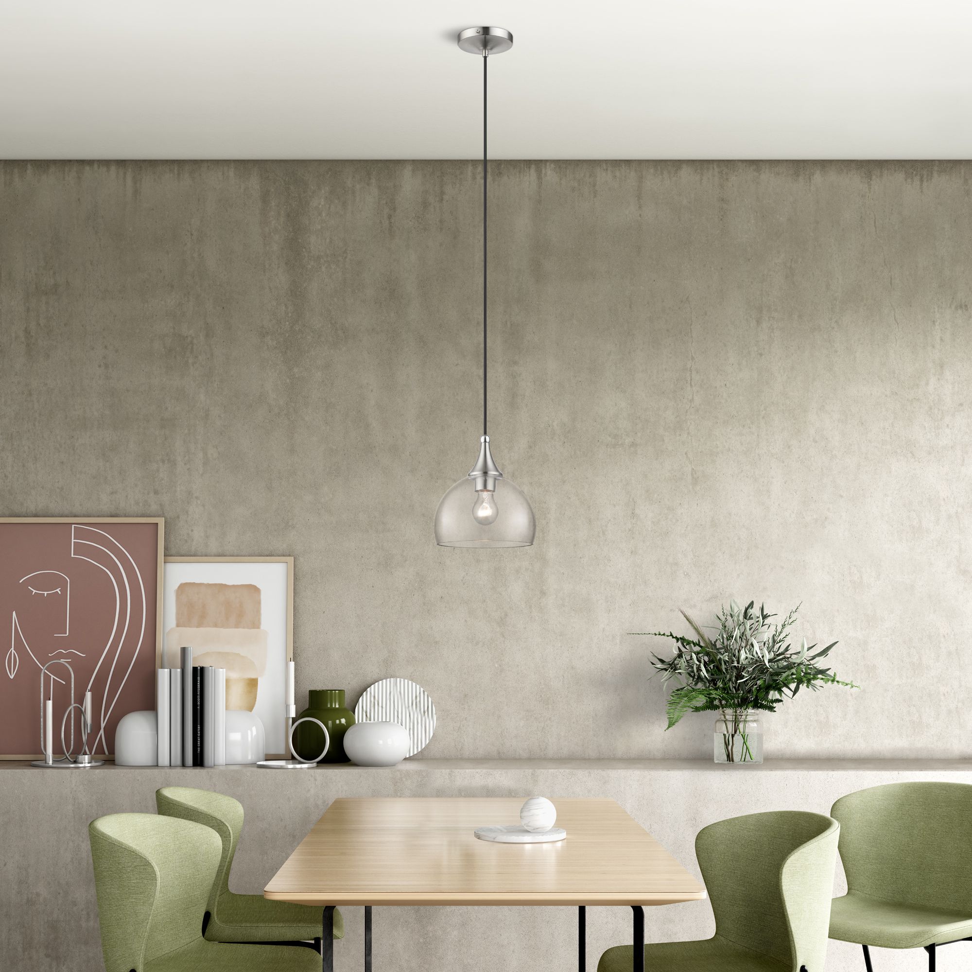 1 Light Brushed Nickel Glass Pendant with Polished Chrome Finish Accents