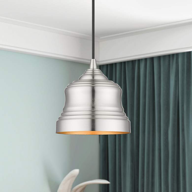 Image 1 1 Light Brushed Nickel Mini Bell Pendant with Gold Finish Inside