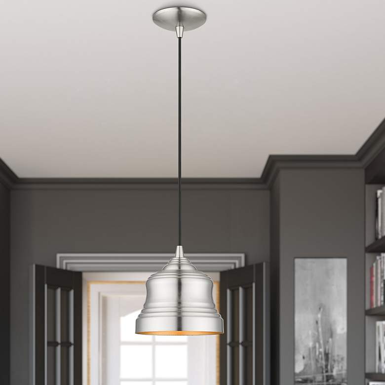 Image 5 1 Light Brushed Nickel Mini Bell Pendant with Gold Finish Inside more views