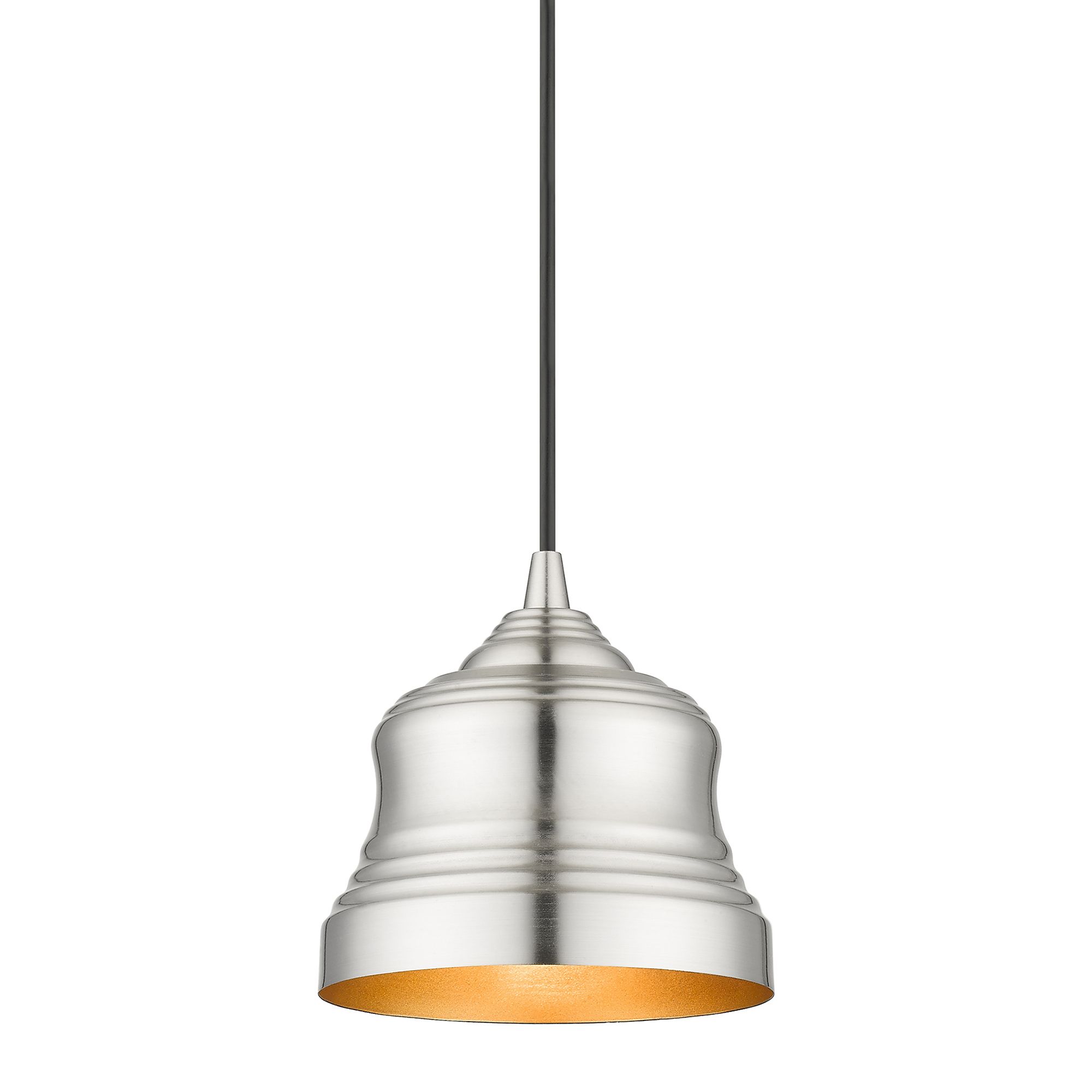 1 Light Brushed Nickel Mini Bell Pendant with Gold Finish Inside