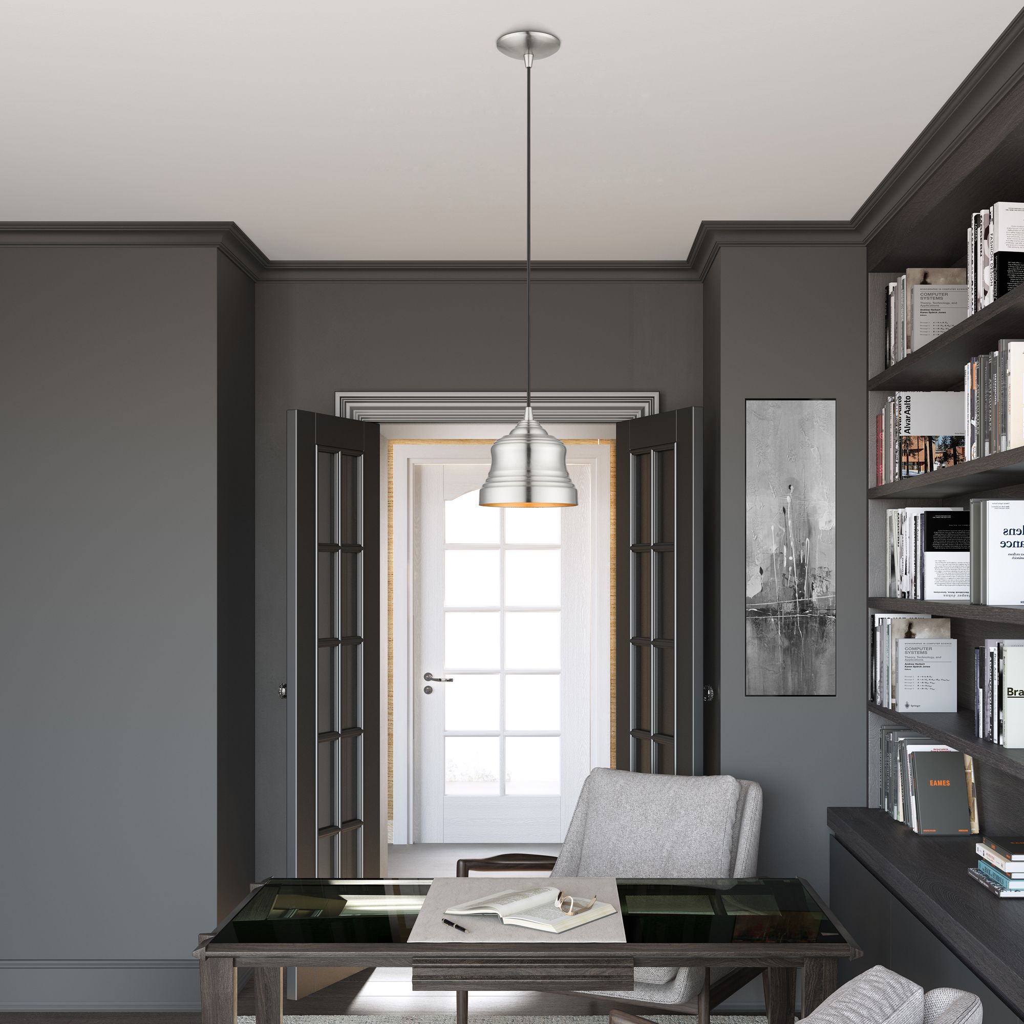 1 Light Brushed Nickel Mini Bell Pendant with Gold Finish Inside