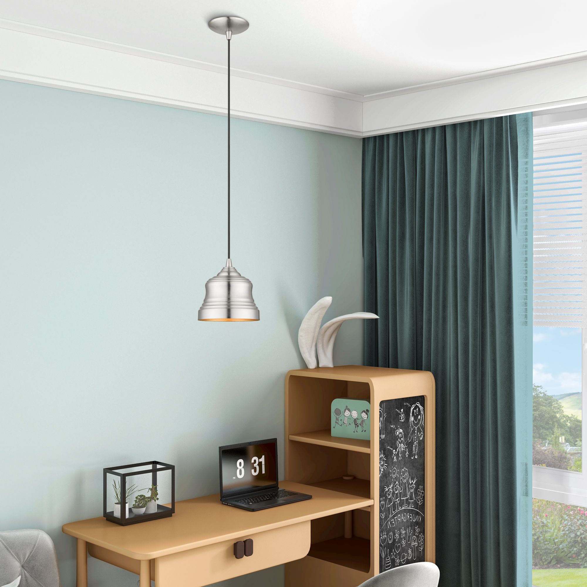 1 Light Brushed Nickel Mini Bell Pendant with Gold Finish Inside