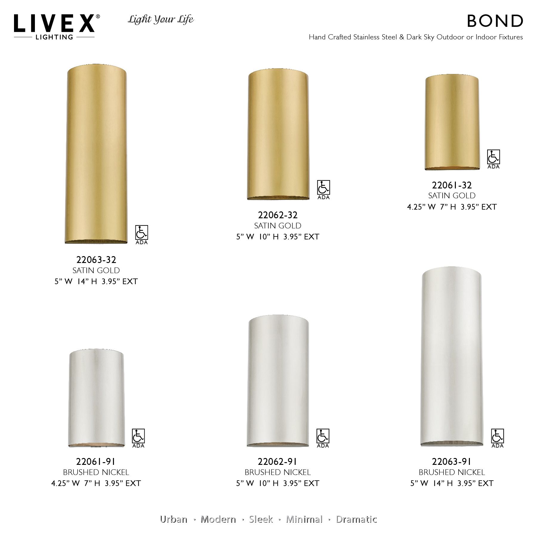 1 Light Brushed Nickel Outdoor or Indoor ADA Large Sconce