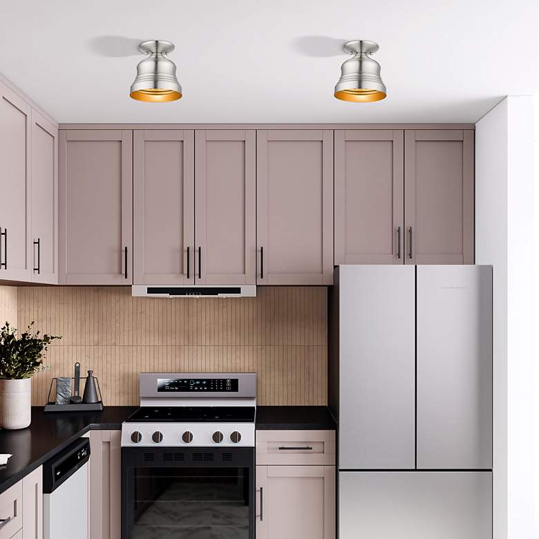 Image 7 1 Light Brushed Nickel Petite Bell Semi-Flush with Gold Finish Inside more views
