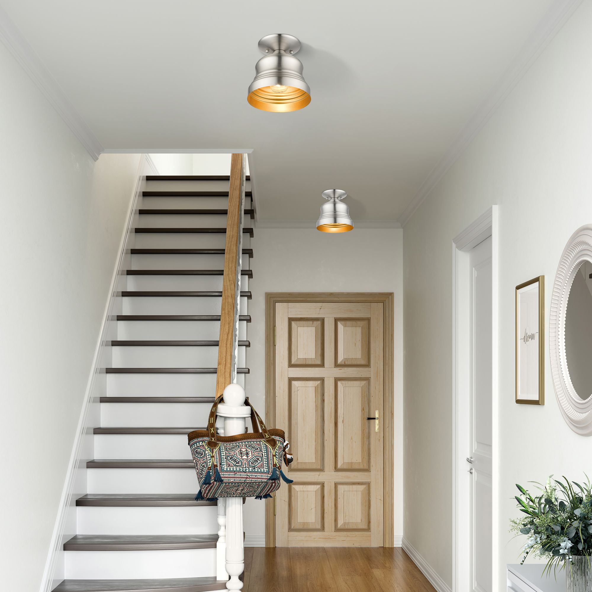 1 Light Brushed Nickel Petite Bell Semi-Flush with Gold Finish Inside