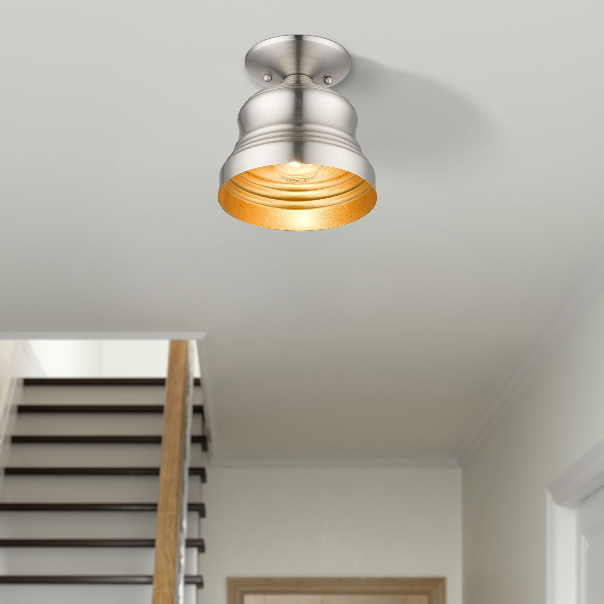 1 Light Brushed Nickel Petite Bell Semi-Flush with Gold Finish Inside