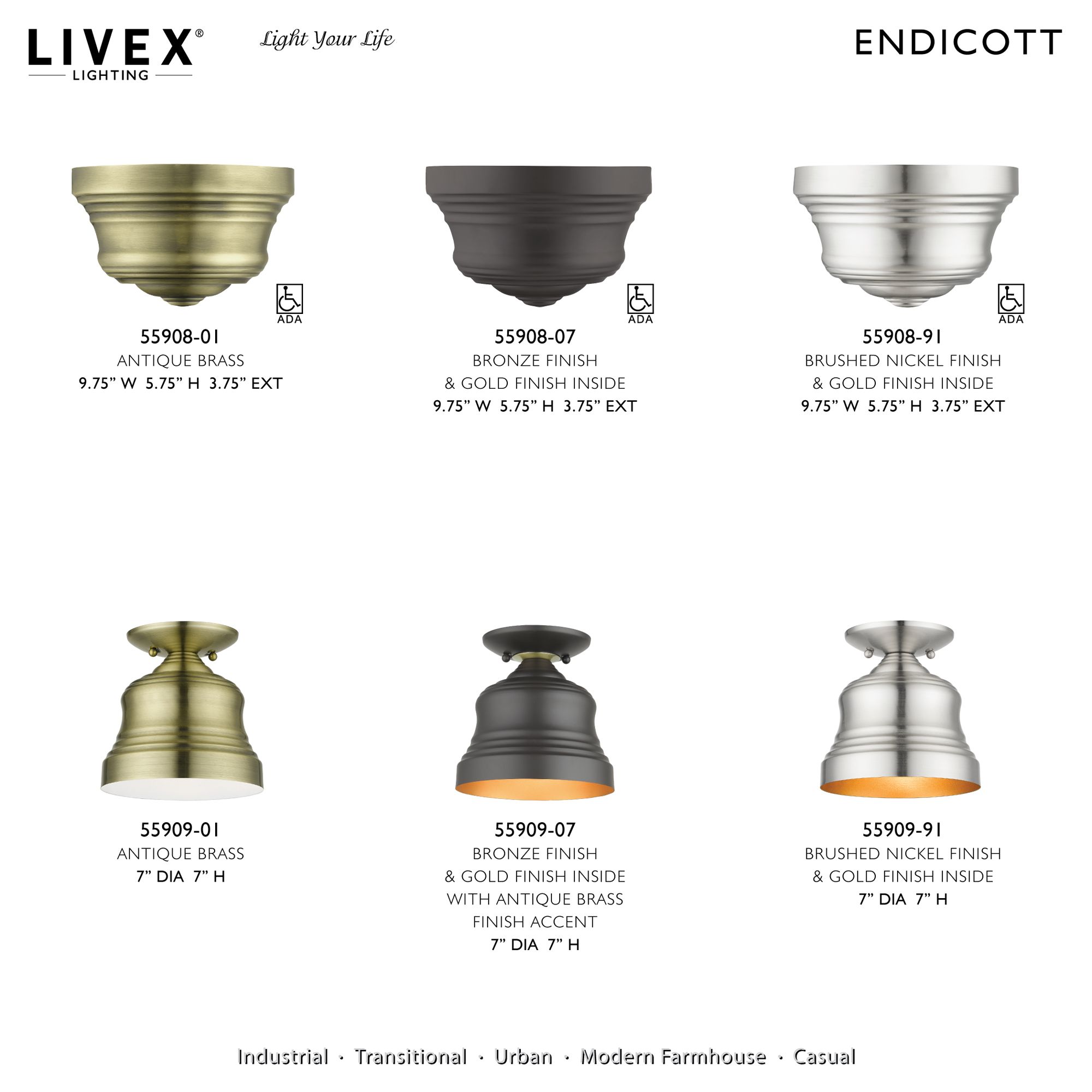 1 Light Brushed Nickel Petite Bell Semi-Flush with Gold Finish Inside