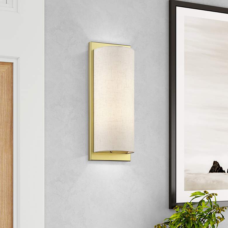 Image 1 1 Light Large ADA Sconce with Hand Crafted Oatmeal Fabric Shade