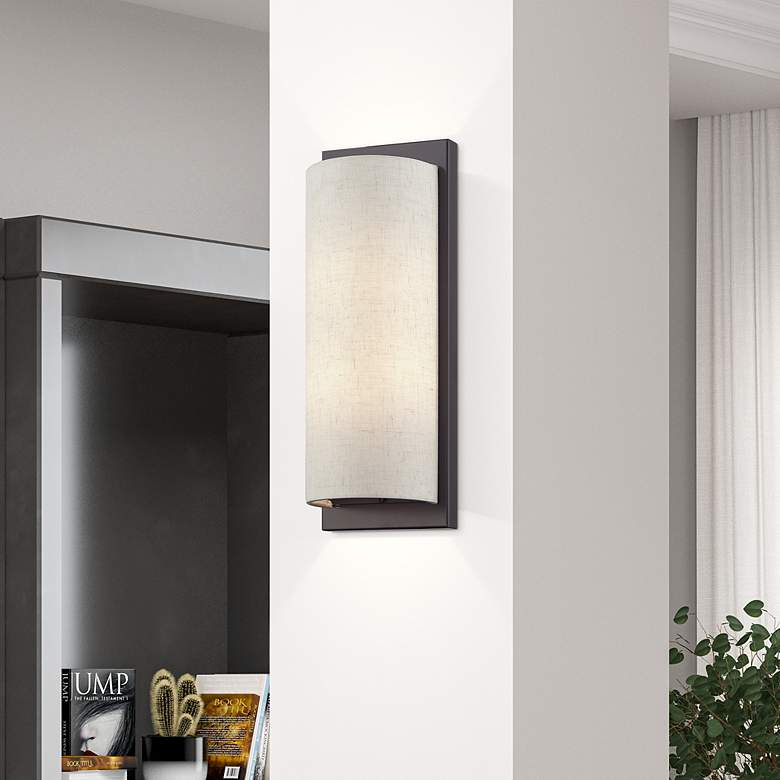 Image 1 1 Light Large ADA Sconce with Hand Crafted Oatmeal Fabric Shade