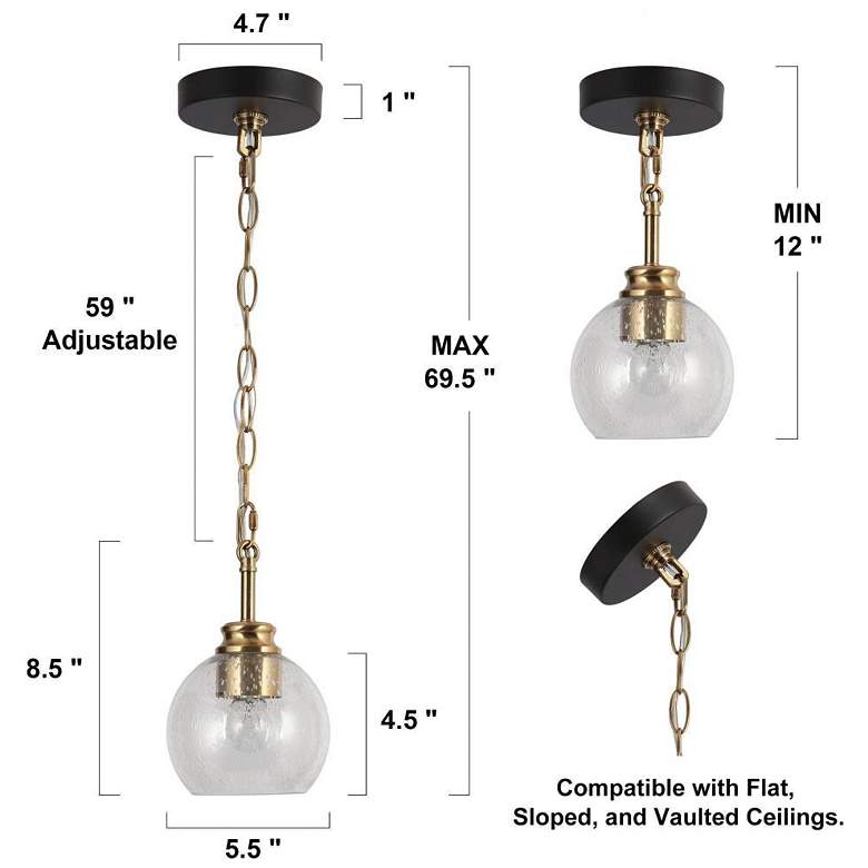 Image 3 1-light Matte Black and Plating Brass Pendant Lamp with Seeded Glass more views