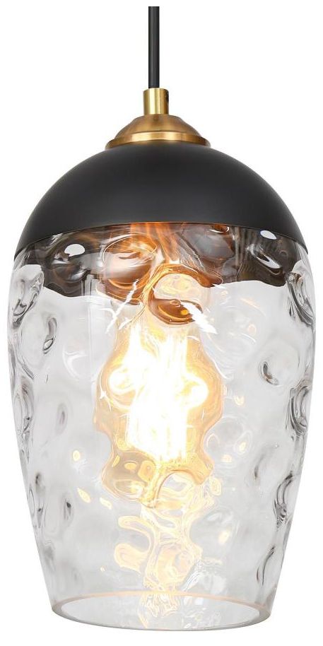 1-light Matte Black and Plating Brass Pendant Lamp with Textured Glass