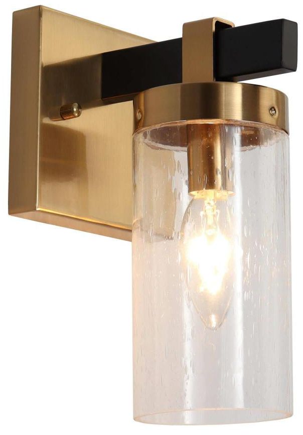 1-Light Modern Brass Gold Wall Sconce with Seeded Glass
