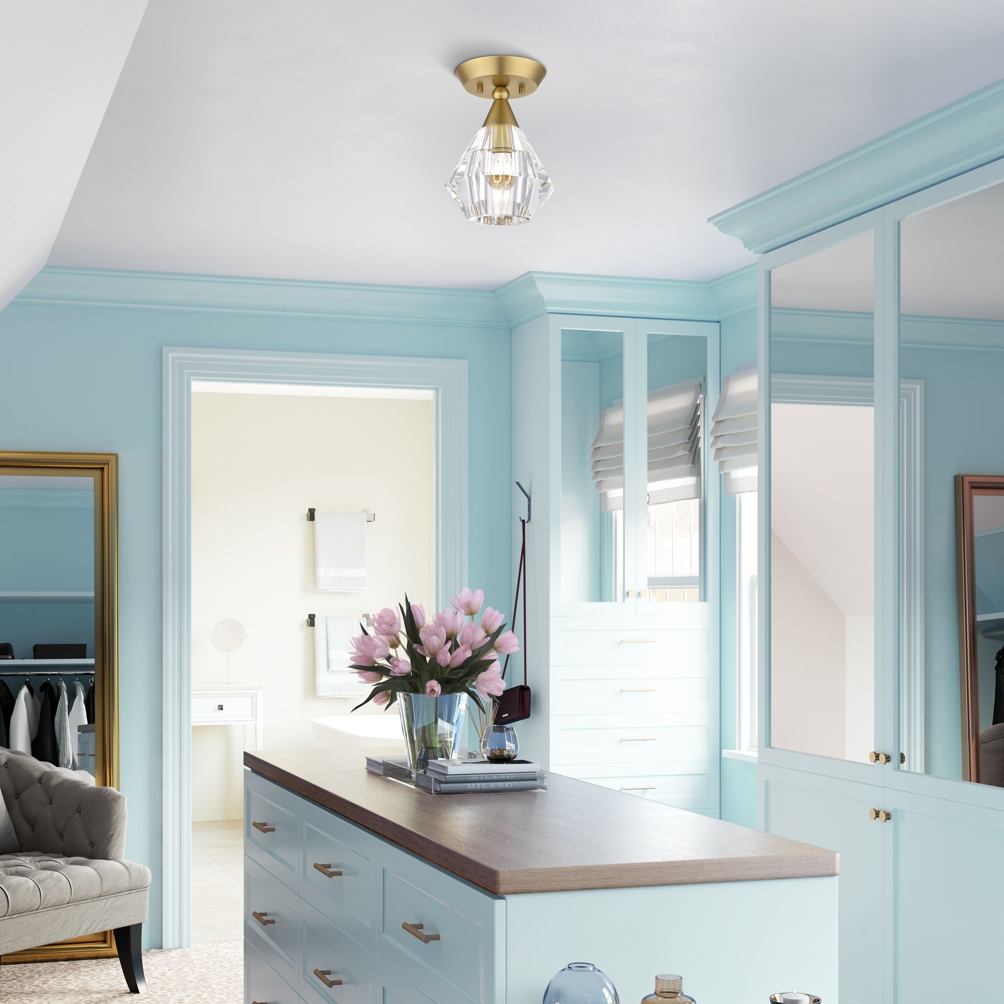 1 Light Natural Brass Crystal Semi-Flush