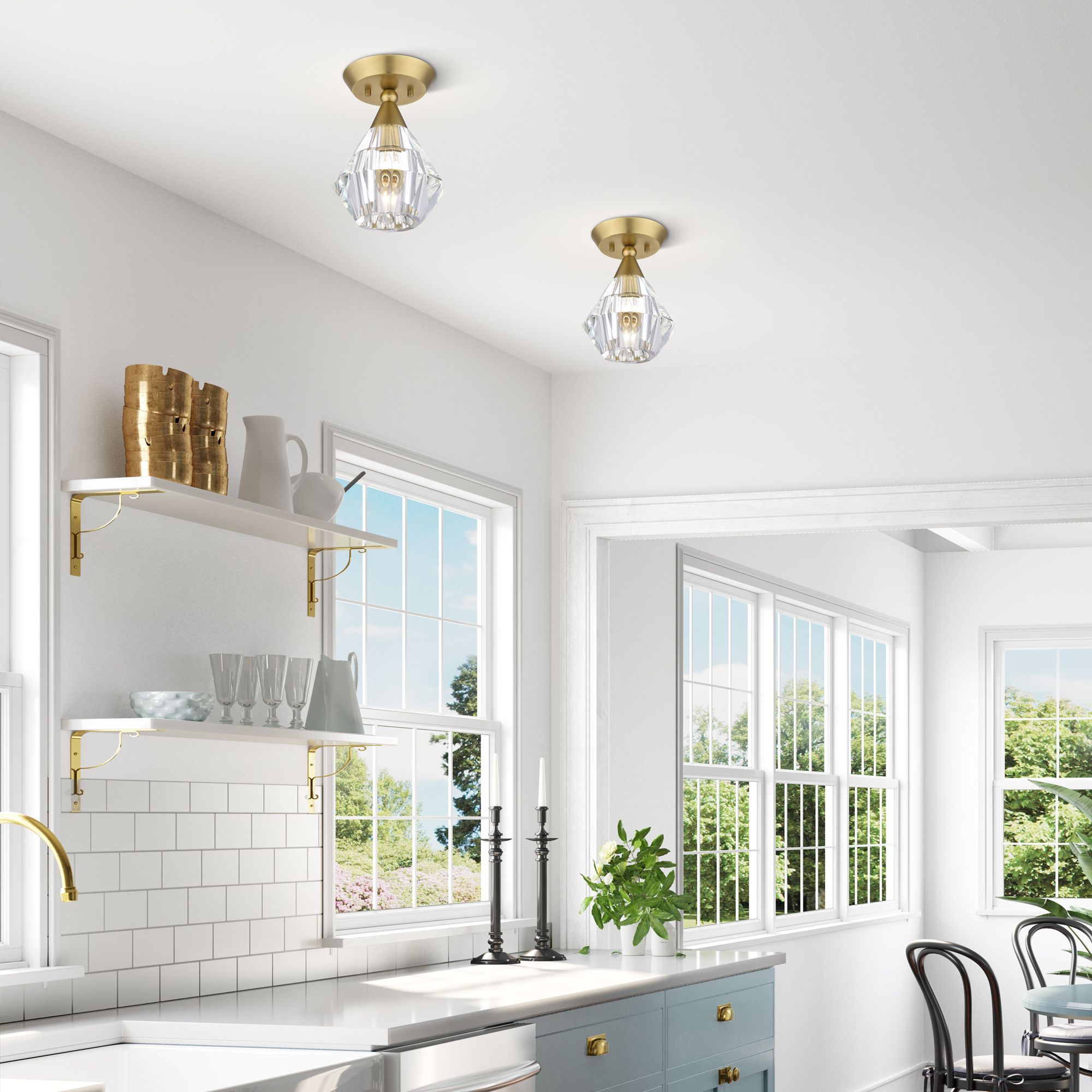 1 Light Natural Brass Crystal Semi-Flush