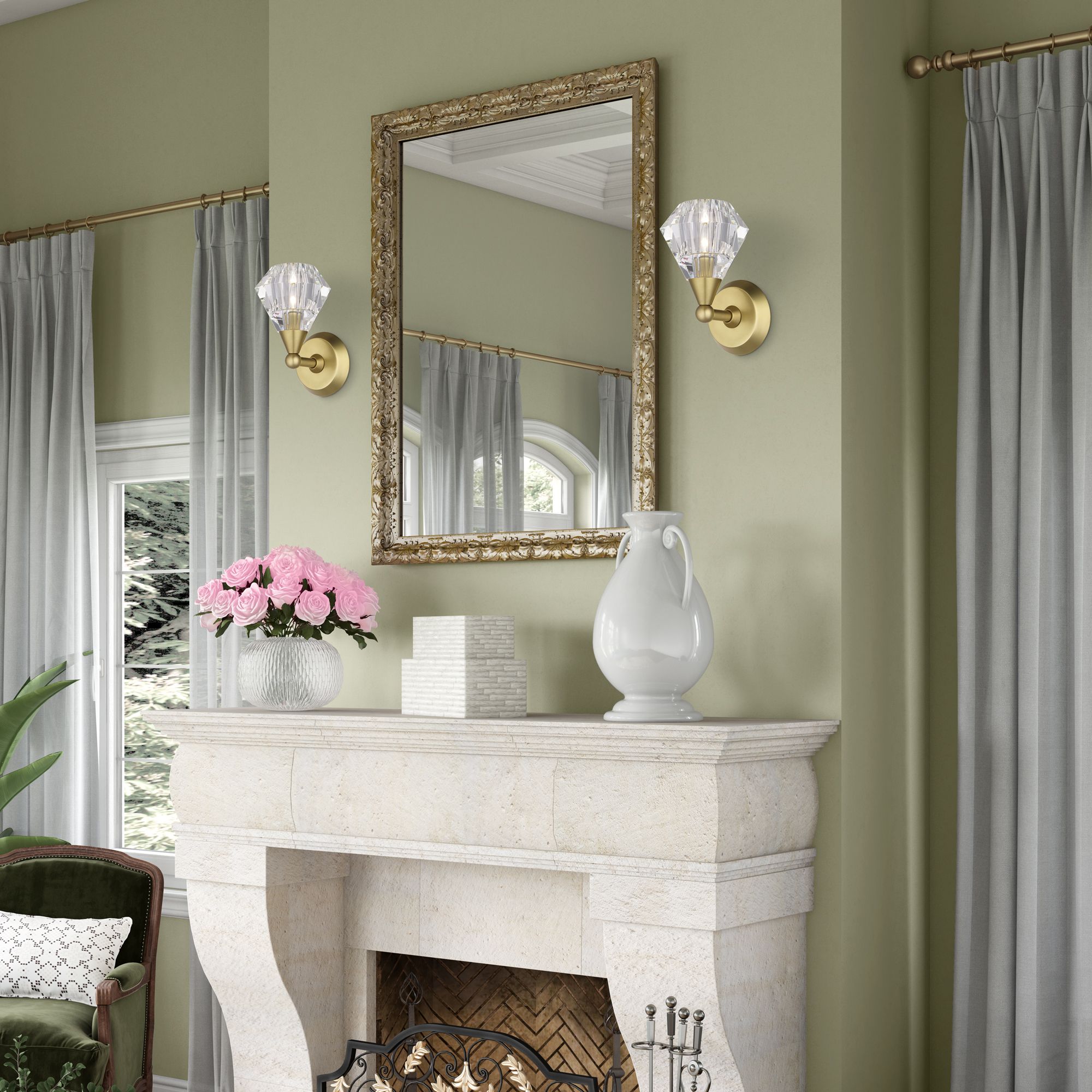 1 Light Natural Brass Crystal Single Sconce