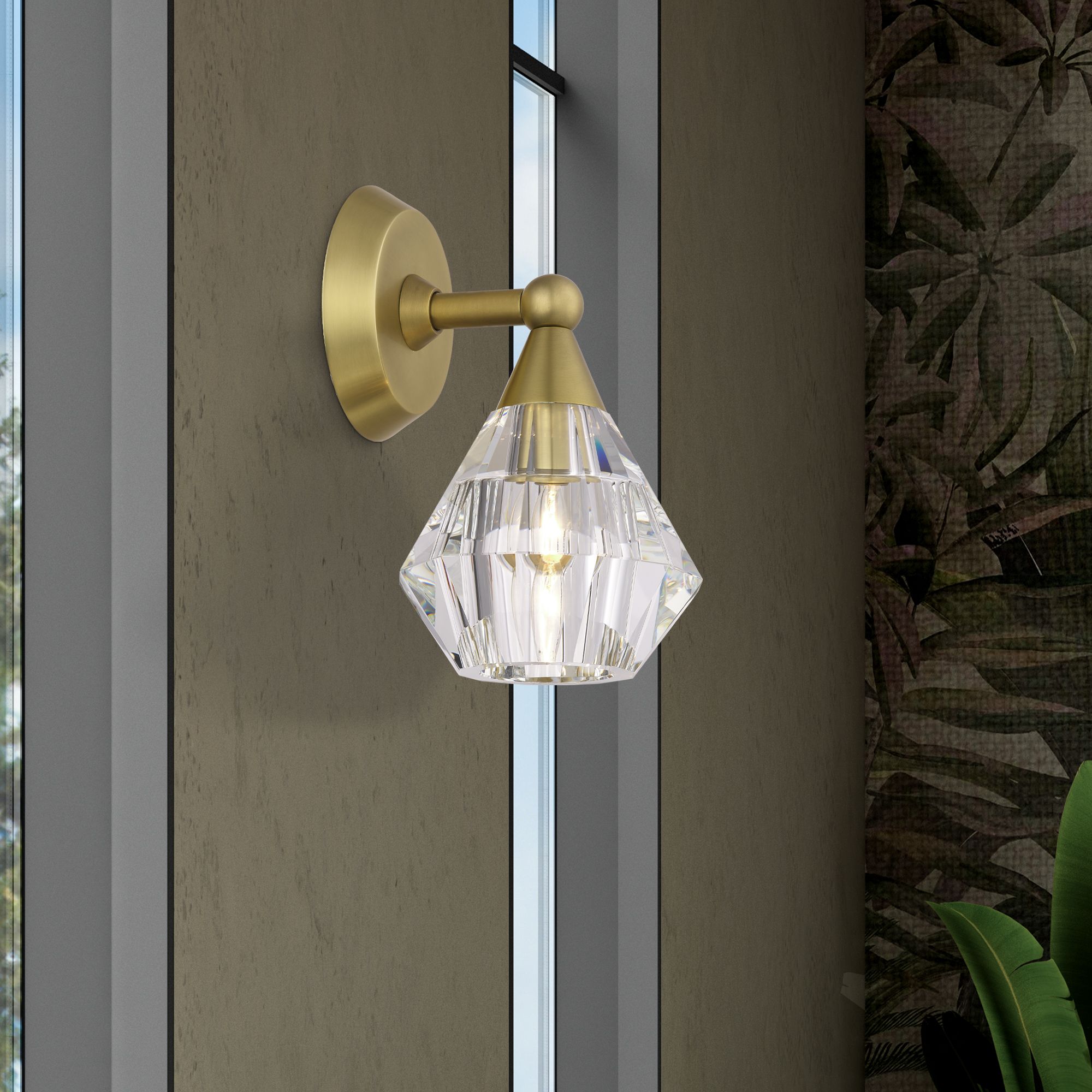 1 Light Natural Brass Crystal Single Sconce