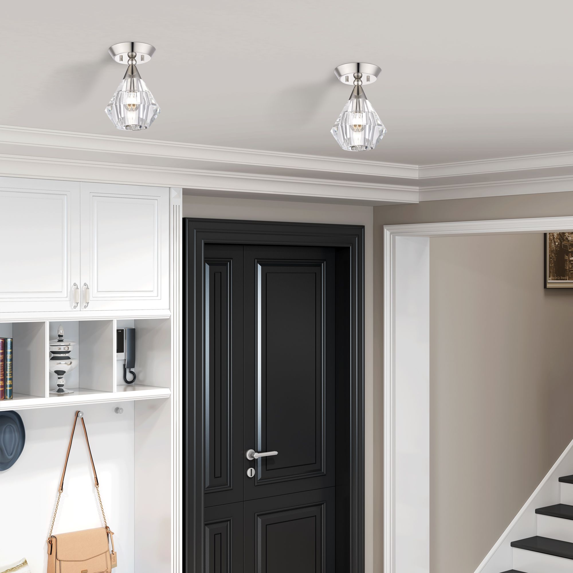 1 Light Polished Nickel Crystal Semi-Flush