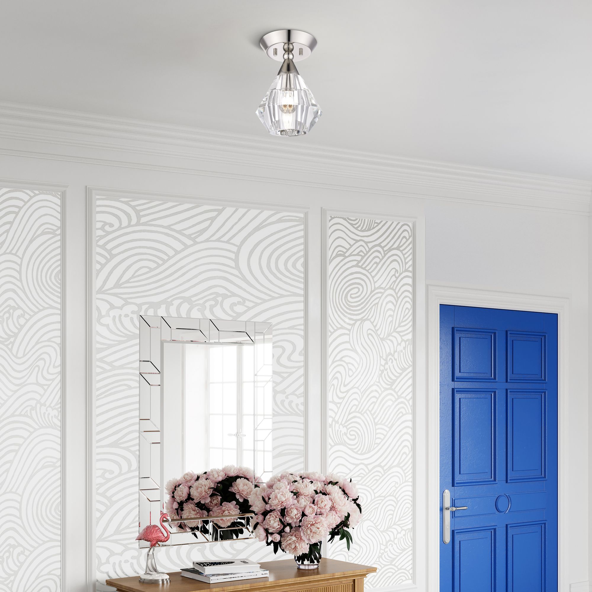 1 Light Polished Nickel Crystal Semi-Flush