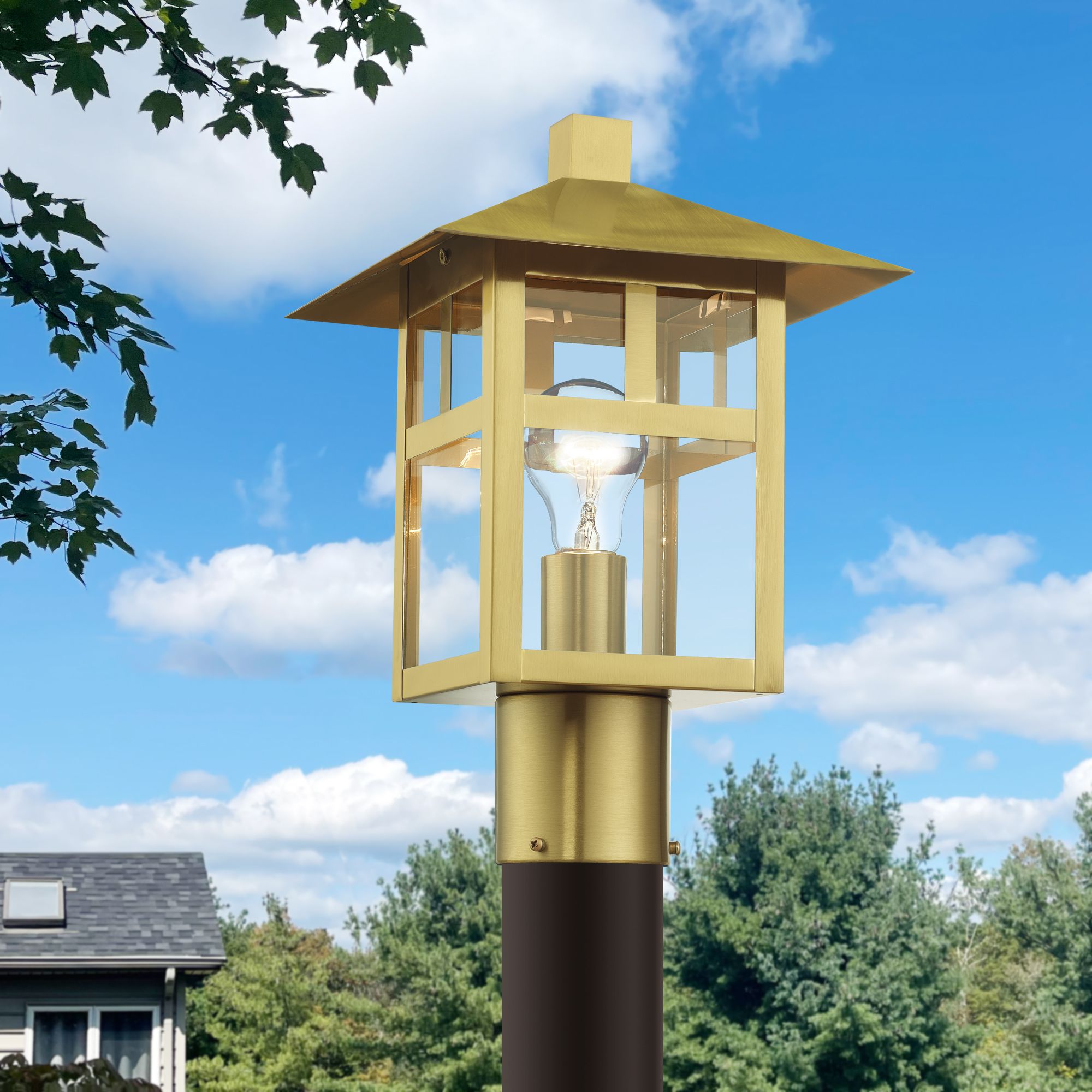 1 Light Satin Gold Large Outdoor Post Top Lantern with Clear Glass