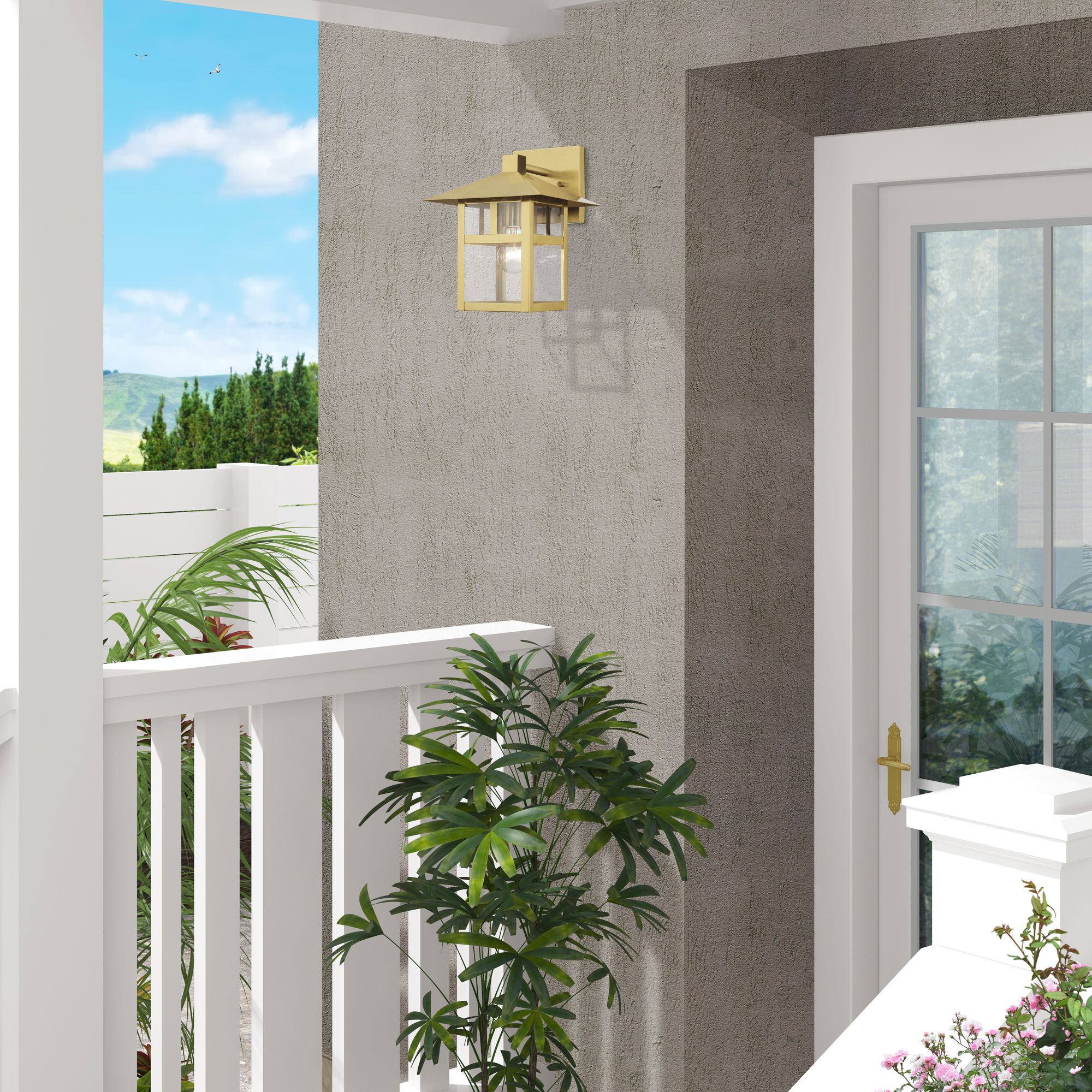 1 Light Satin Gold Large Outdoor Wall Lantern with Clear Glass