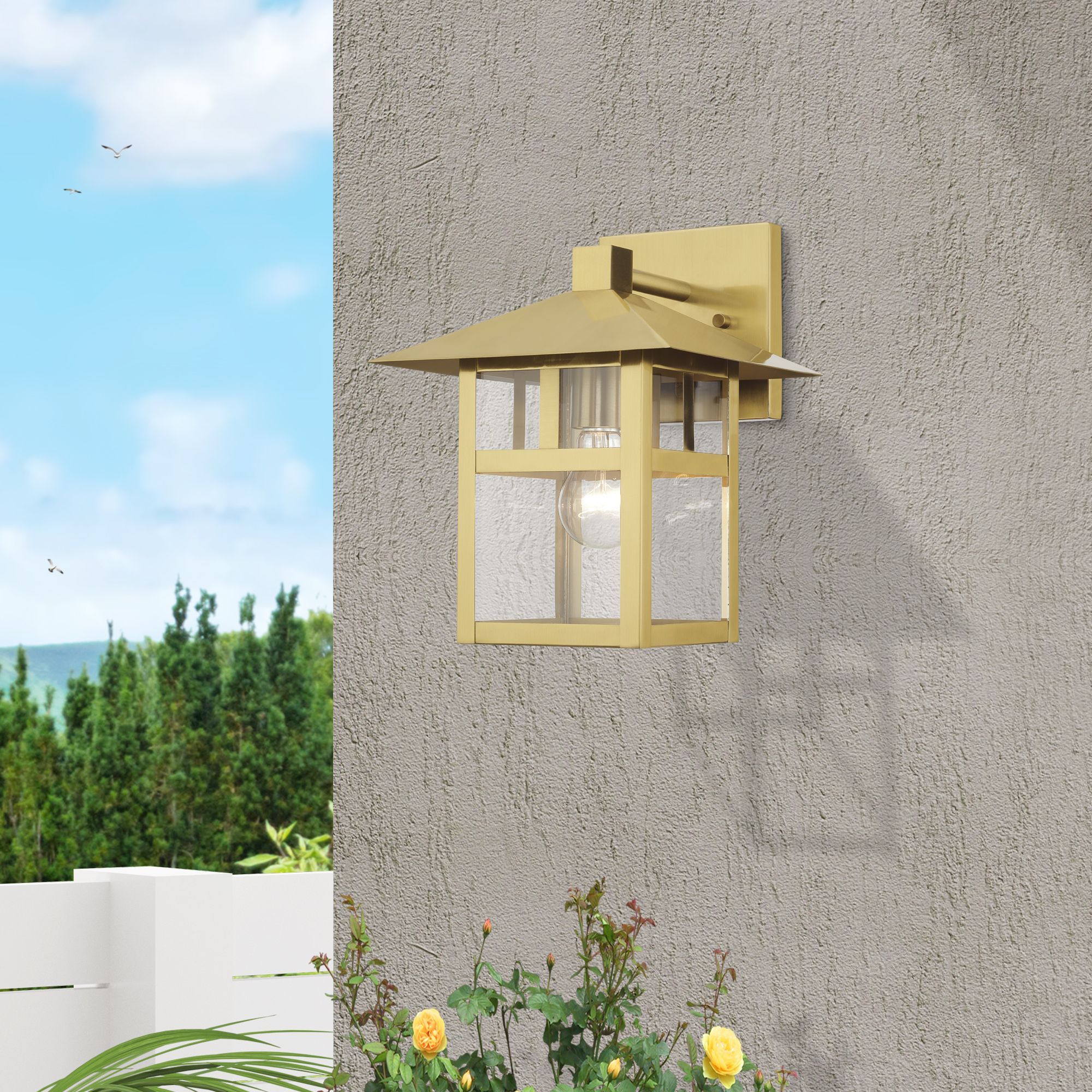 1 Light Satin Gold Large Outdoor Wall Lantern with Clear Glass