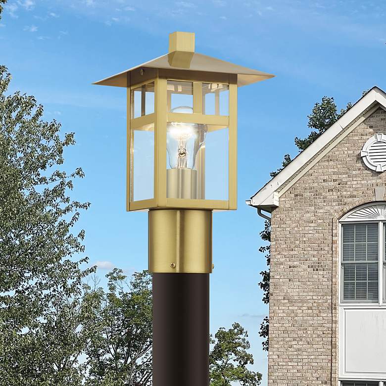 Image 7 1 Light Satin Gold Medium Outdoor Post Top Lantern with Clear Glass more views