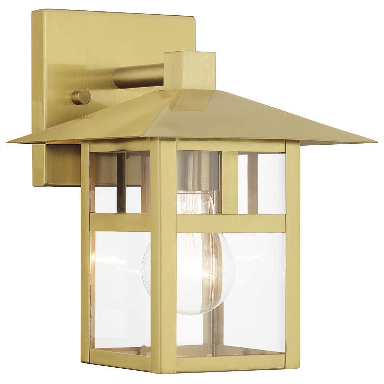 Image 1 1 Light Satin Gold Medium Outdoor Wall Lantern with Clear Glass